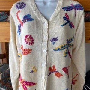 QUACKER FACTORY * White CARDIGAN Sweater w/ EMBROIDERED DRAGONFLIES * S
